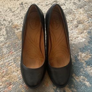 ***SOLD***Indigo by Clarks, Black Leather Wedges, Size 9